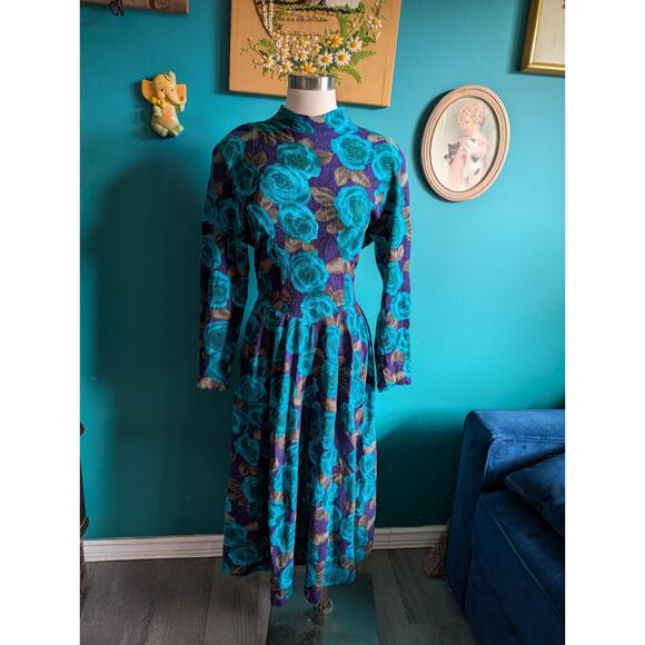 Vintage Dresses & Skirts - Vintage 80s Blue Floral Dress | Long Sleeve Midi | Bold Retro Statement